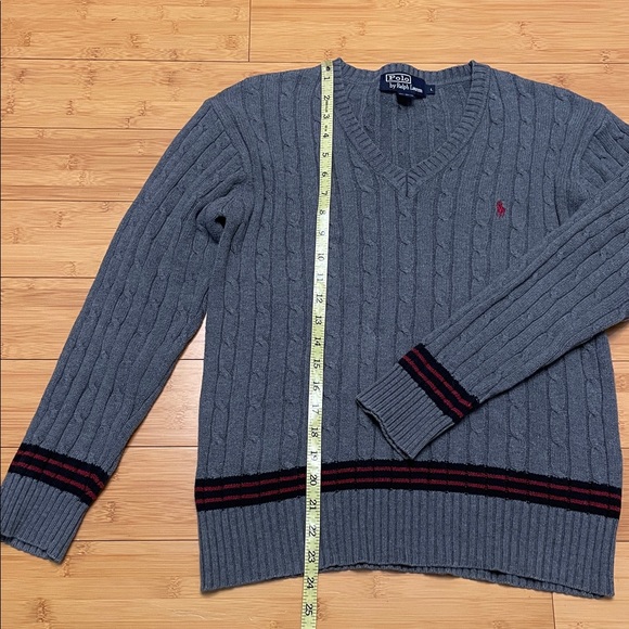 Polo Ralph Lauren Cable Knit Sweater Size Large V Neck Grey Cotton - Picture 13 of 15